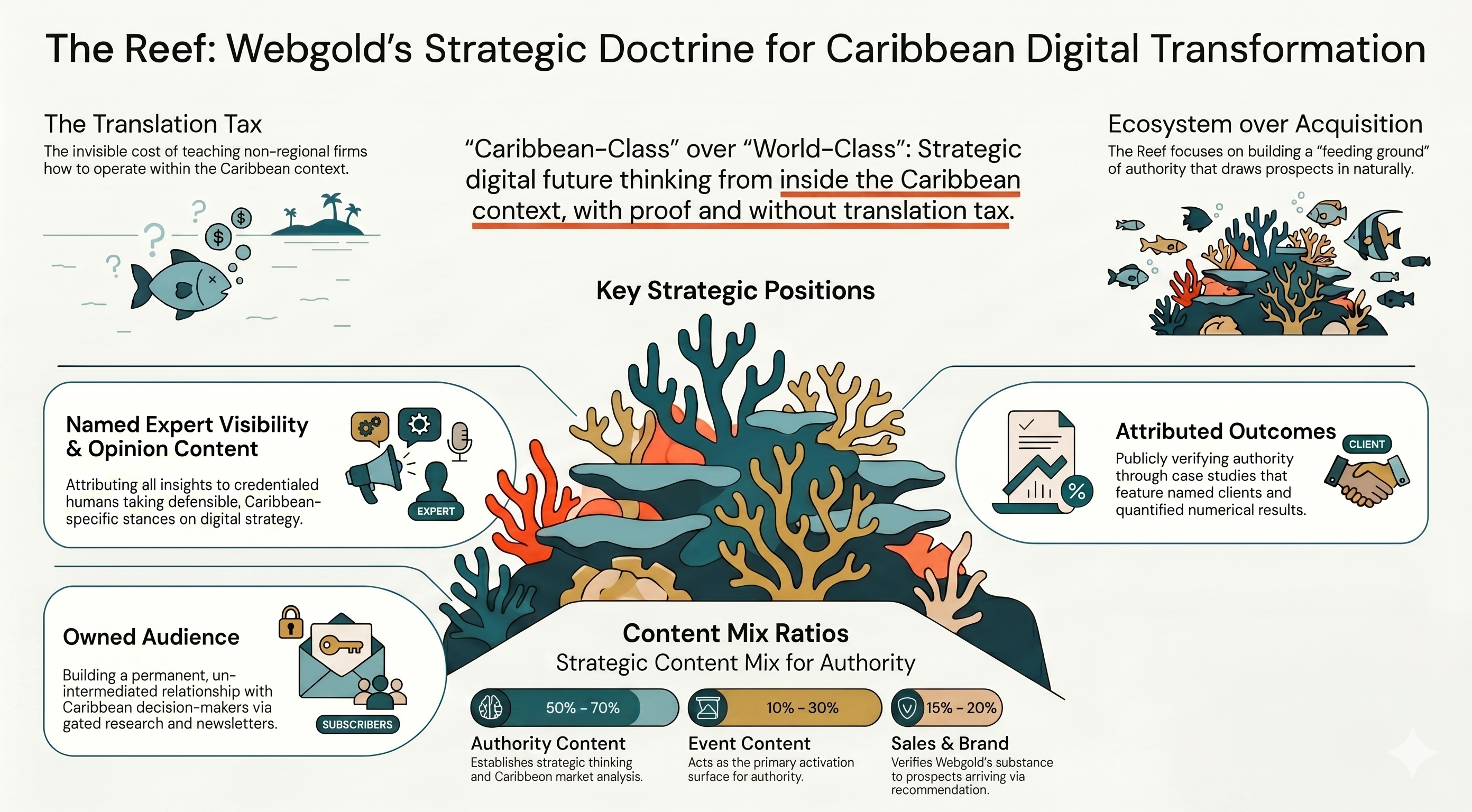 The Reef ecosystem — Webgold's strategic doctrine for Caribbean digital transformation: translation tax, four key strategic positions, and content mix ratios.